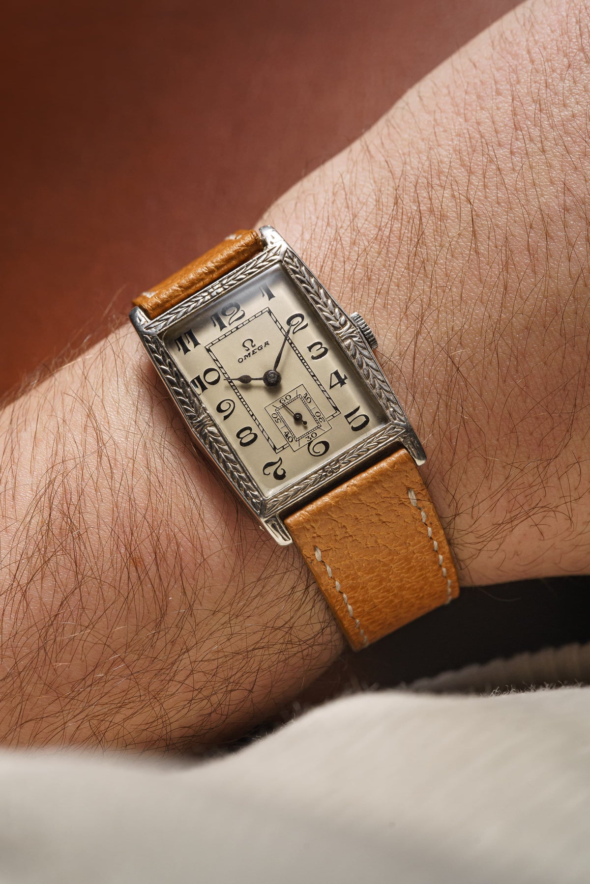 XRCC Superb and Rare Rectangular Omega “Jumbo” in Silver, circa 1929 - Wristshot