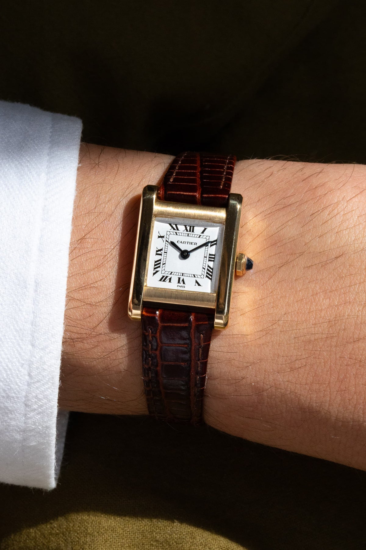 Y2PF Cartier Tank Normale Ref. 78093 in Yellow Gold, circa 1975 – “PARIS” Dial - Wristshot