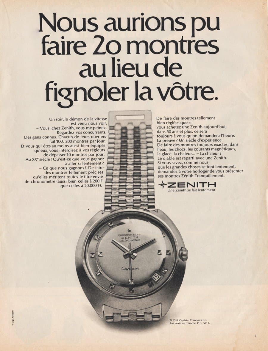 Z3DV Zenith Captain De Luxe Chronomètre Automatic en or jaune de 1970 - Vintage Ad