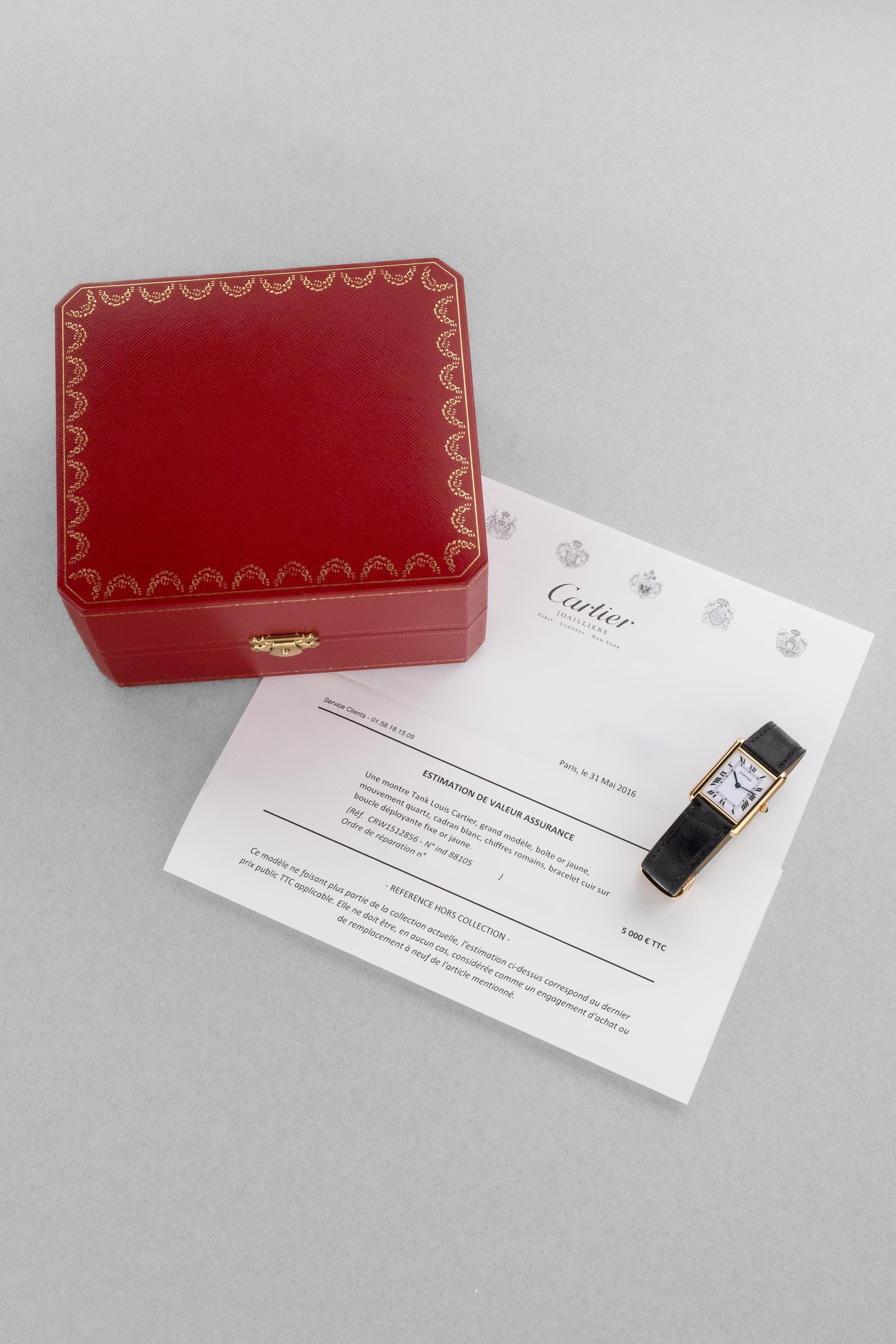 SFL7 Cartier Tank Louis réf. 88105 en or jaune, circa 1985 – Boucle déployante d'origine en or et parfait état - Set